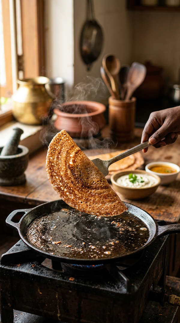 Red rice dosa hitting a hot tawa