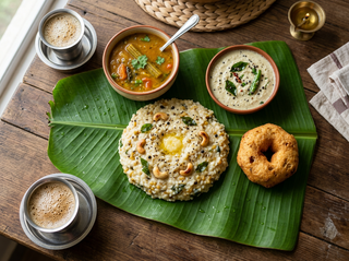 Ven pongal close-up with ghee and curry leaves