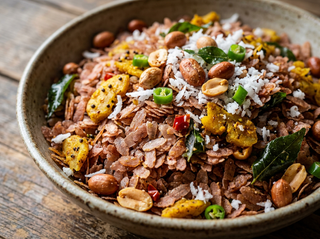 Red rice poha in a bowl with vegetables