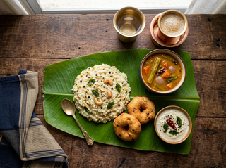 Salem Sanna ven pongal on a banana leaf with cashews