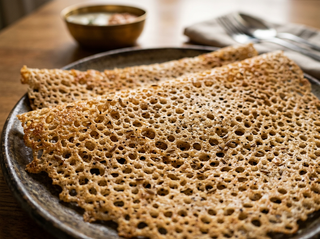 Rava dosa served with chutney and podi