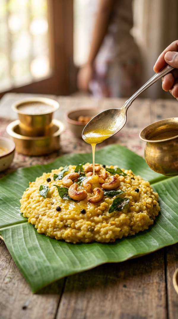 Ven pongal, ghee and cashews