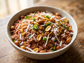 Red rice aval upma close-up