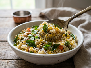 Thooyamalli upma in a bowl garnished with coconut